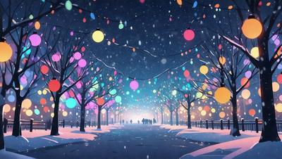 The primary subject of the image is a group of people walking down a snowy path. The setting is a snowy night with a beautifully lit path, and the visual style is a digital art or illustration. The colors and mood of the image are predominantly dark and cold, with the snow and lights creating a serene and enchanting atmosphere.